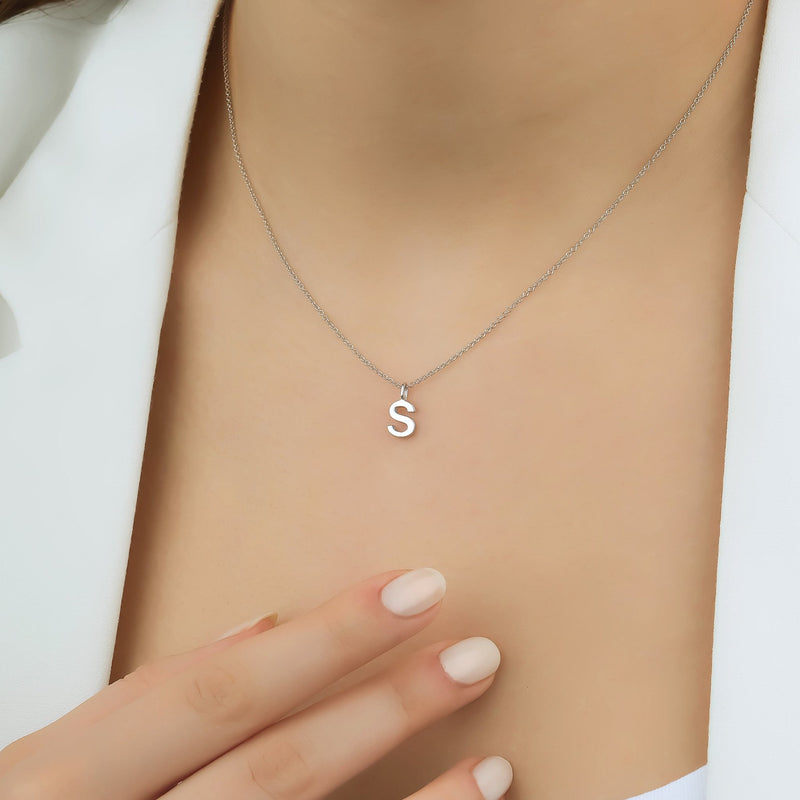 14K Solid White Gold Letter Necklace, Minimalist Gold Initial Necklace, Letter S Necklace