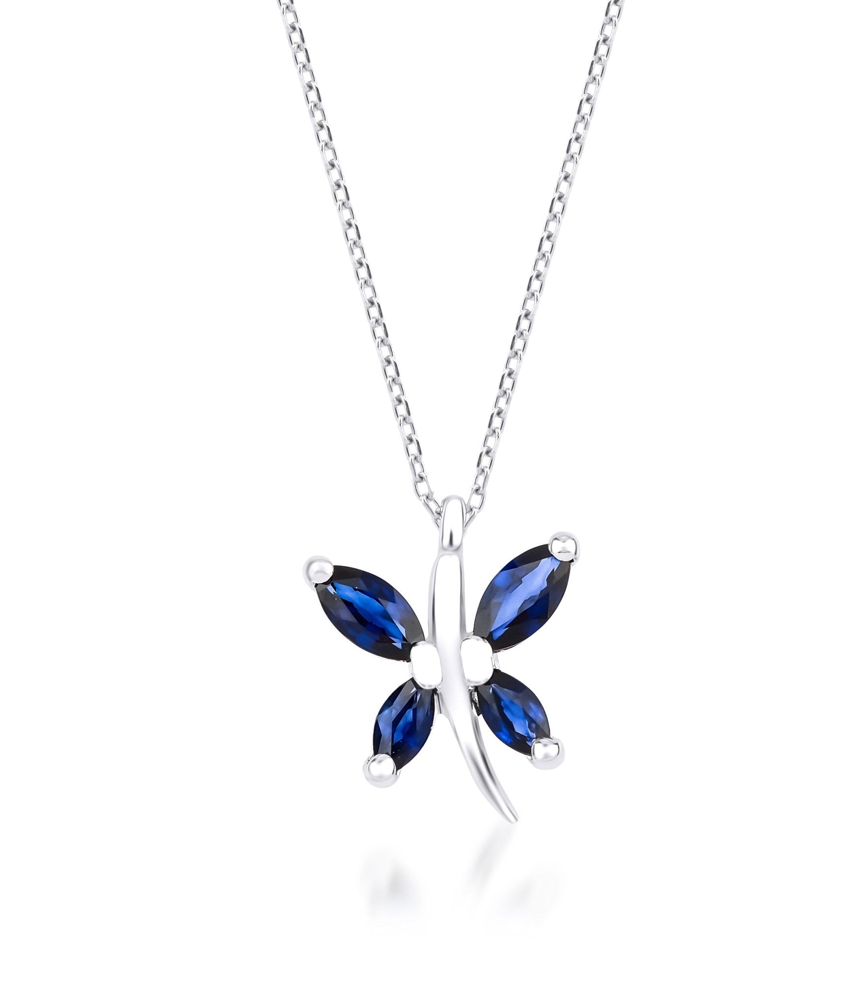 14K solid white gold marquise sapphire butterfly necklace, elegant design for everyday wear, made in USA.