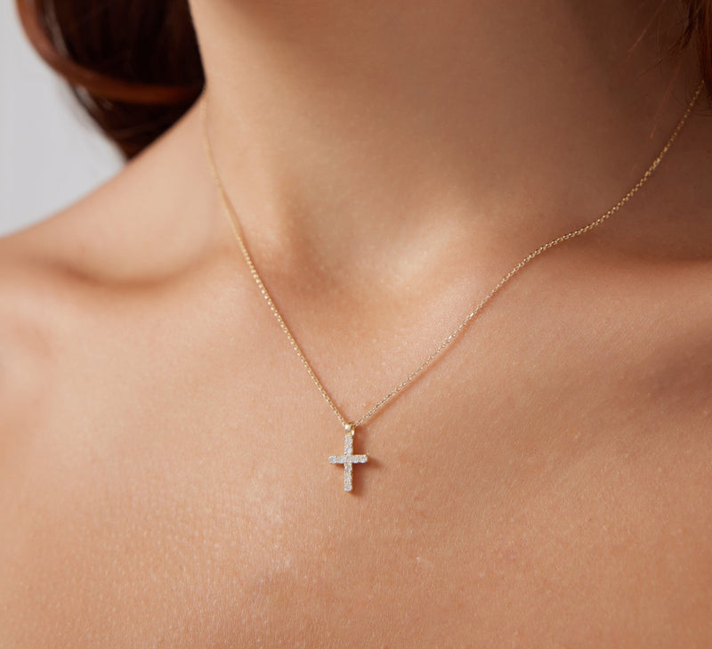 14K Solid White Gold Minimalist Diamond Cross Necklace