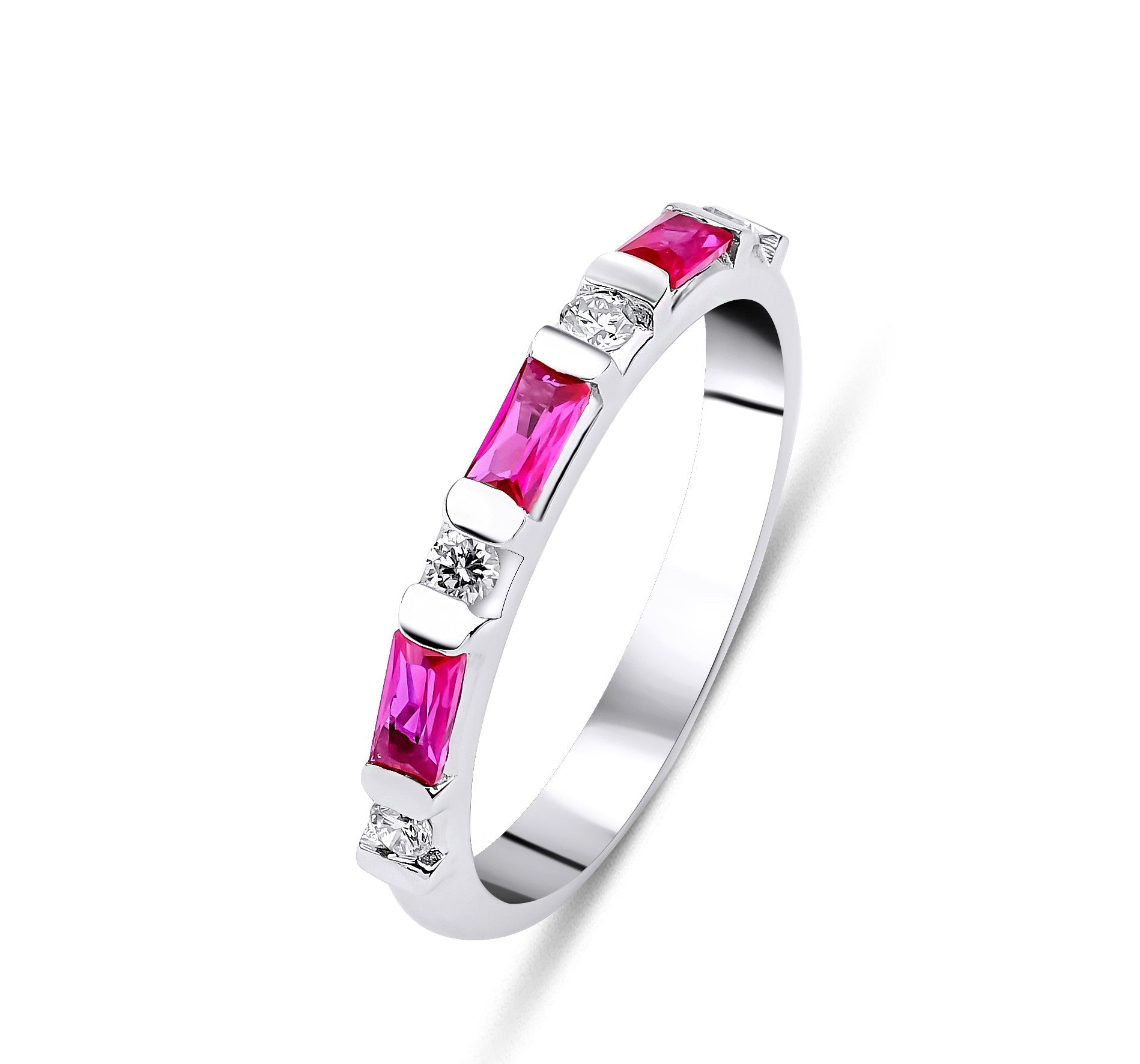 14K solid white gold wedding ring featuring 3 rubies and 4 round diamonds, elegant and perfect for everyday wear.