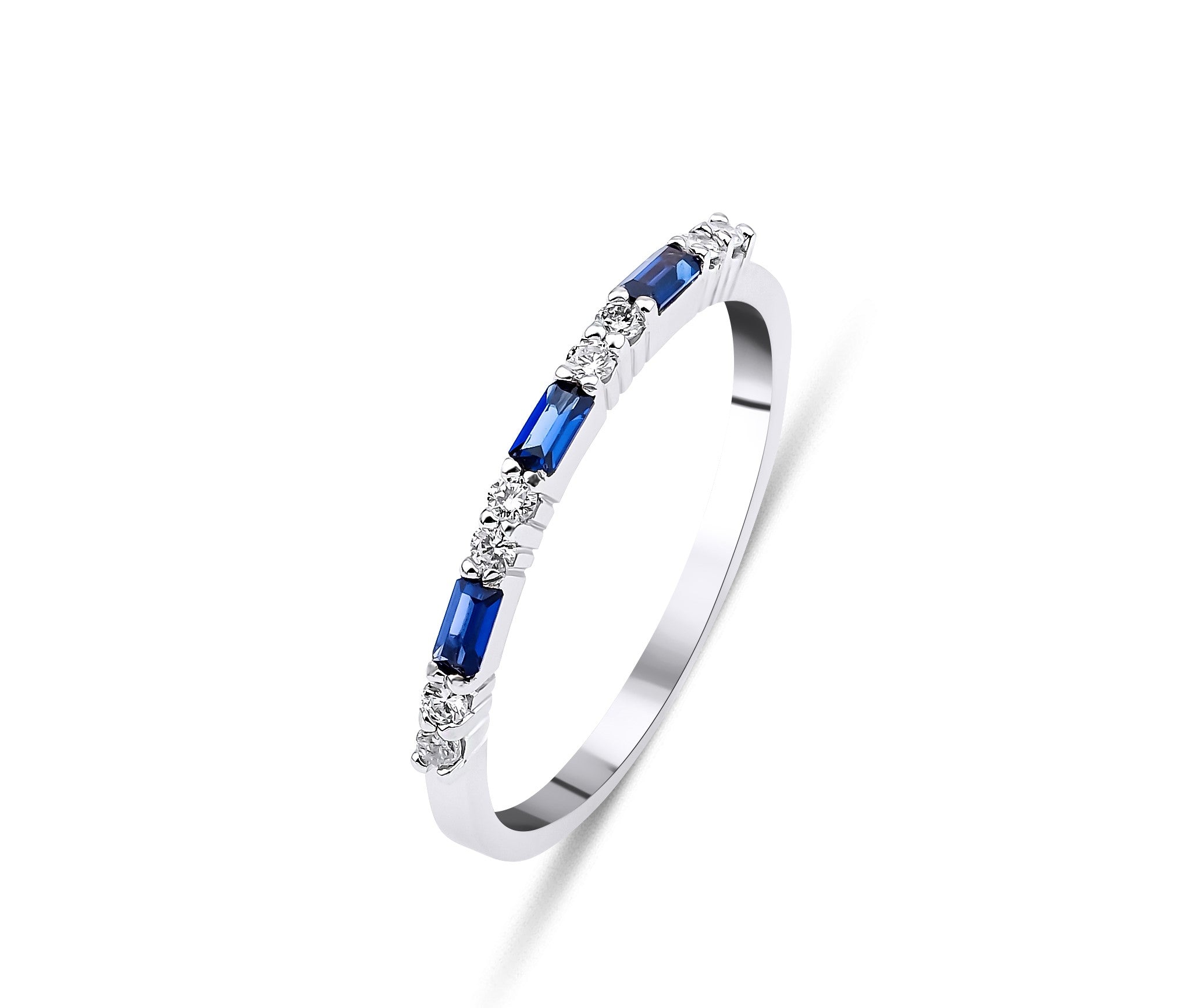 14K solid white gold wedding ring featuring blue sapphires and diamonds, elegant and dainty design for everyday wear.