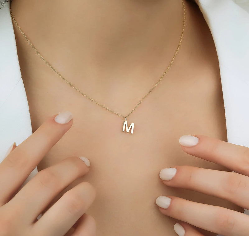14K Solid White Gold Small Initial Necklace, Letter M Necklace