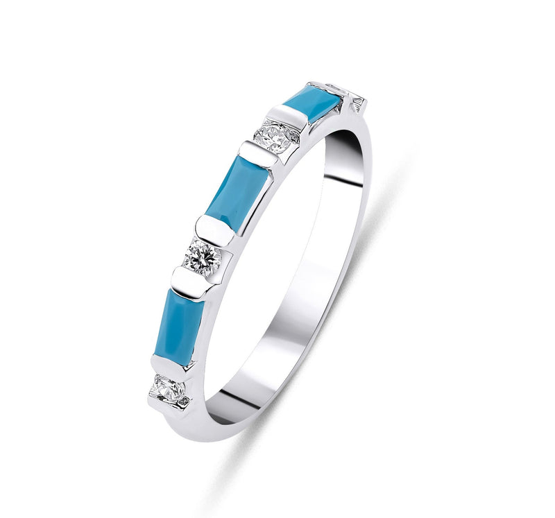 14K Solid White Gold Turquoise and Diamond Wedding Ring