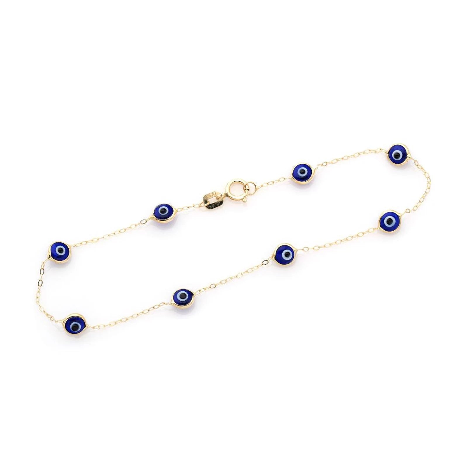 14K Solid Yellow Gold Evil Eye Station Bracelet featuring beads, elegant and minimalist design, perfect for everyday wear.