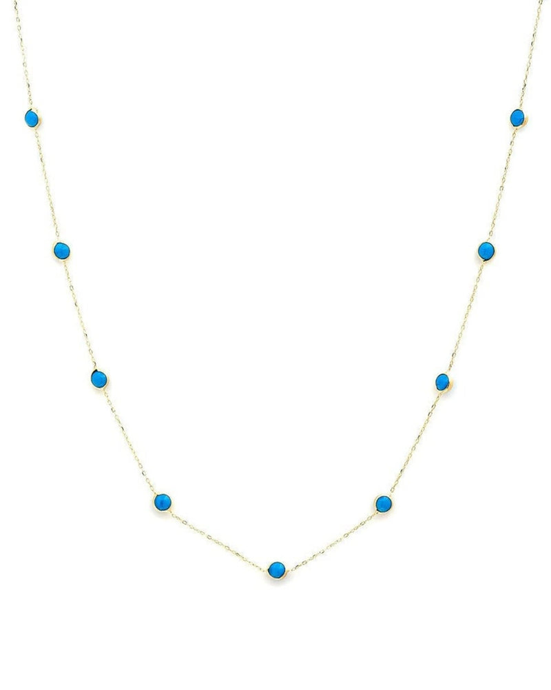 14K Solid Yellow Gold Beaded Station Turquoise Necklace