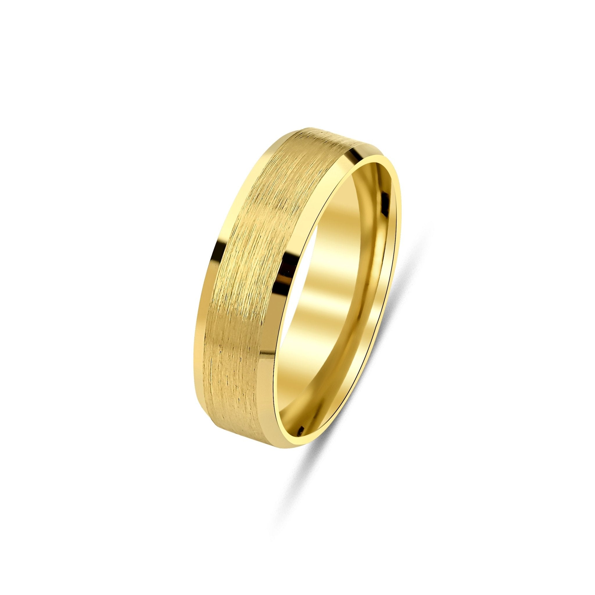 14K solid yellow gold beveled edge mens wedding band with satin and shiny finish, 6mm wide, comfort fit.