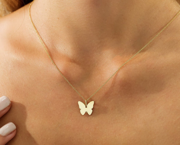 14K Solid Yellow Gold Butterfly Necklace