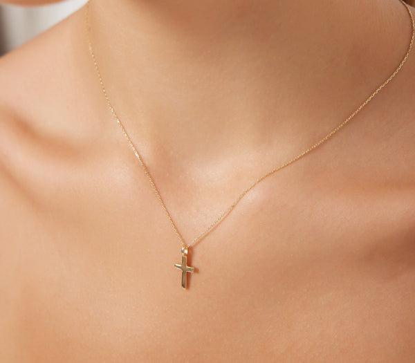 14K Solid Yellow Gold Cross Necklace, Crucifix Cross Necklace