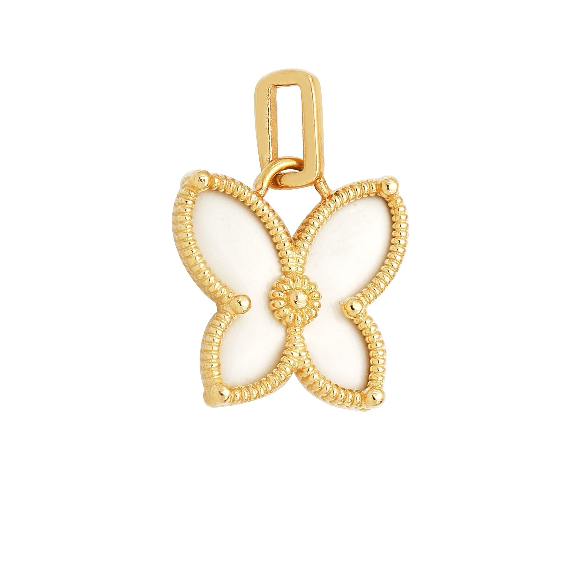 14K solid yellow gold butterfly pendant charm with white enamel accents, perfect for a delicate necklace.