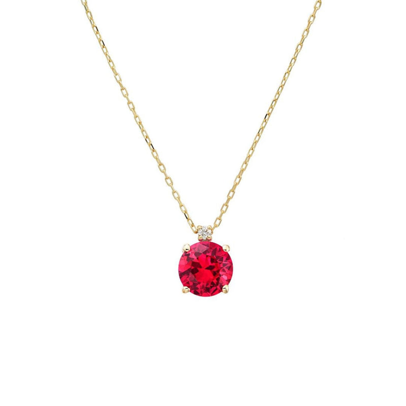 14K Solid Yellow Gold Diamond and Ruby Solitaire Necklace