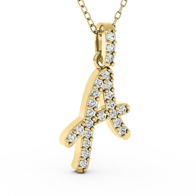 14K Solid Yellow Gold Diamond Initial Necklace, Diamond Letter Pendant
