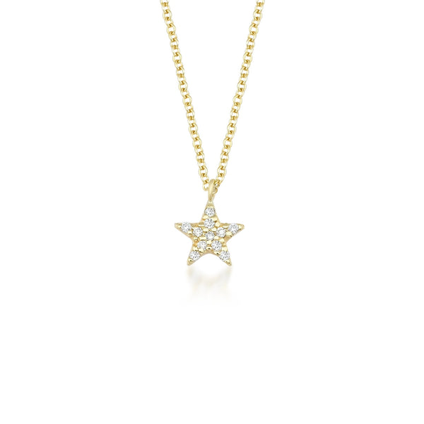 14K Solid Yellow Gold Diamond Star Necklace, Dainty Star Necklace