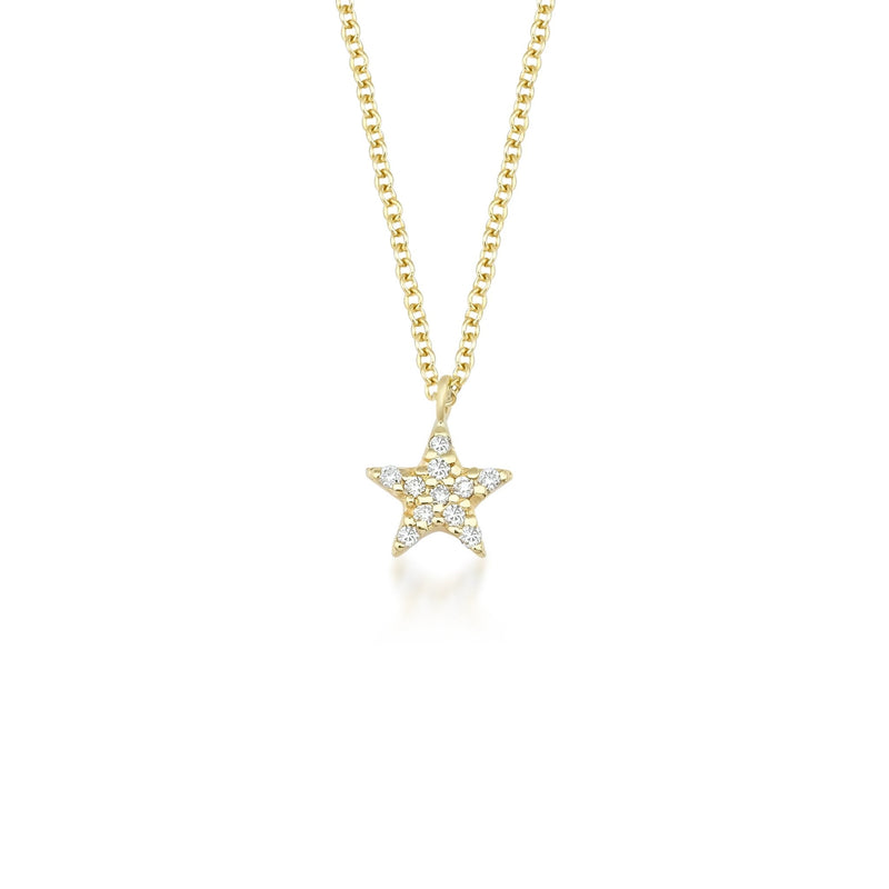 14K Solid Yellow Gold Diamond Star Necklace, Dainty Star Necklace