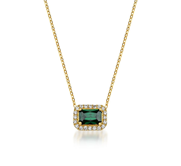 14K Solid Yellow Gold Emarald Cut Solitaire Emerald Necklace