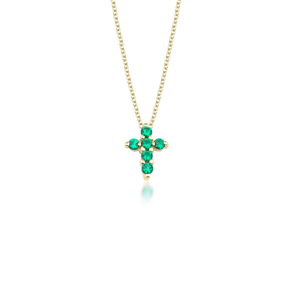 14K Solid Yellow Gold Emerald Cross Necklace