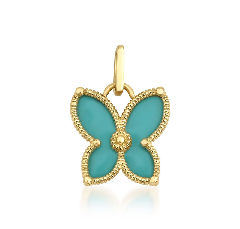14K Solid Yellow Gold Enamel Turquoise Butterfly Necklace