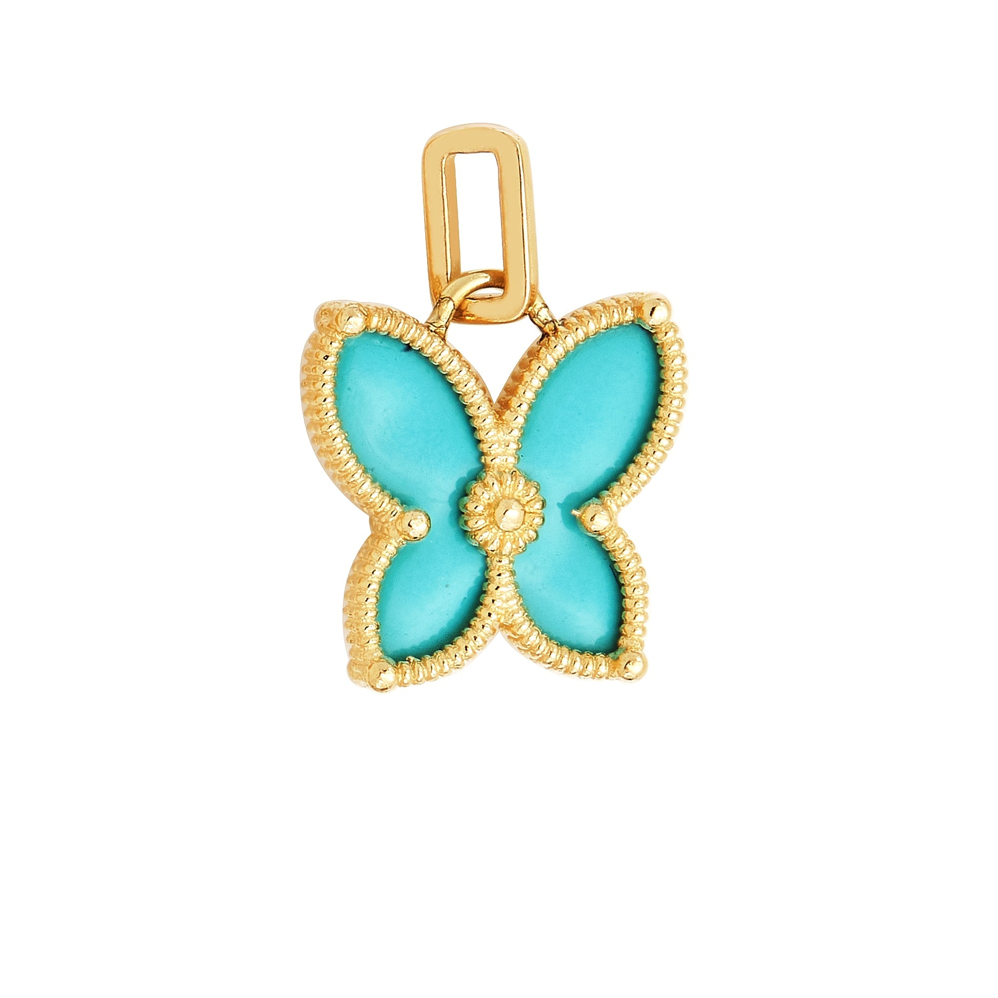 14K yellow gold butterfly pendant with turquoise enamel, delicate jewelry for everyday wear, dimensions 10mm.