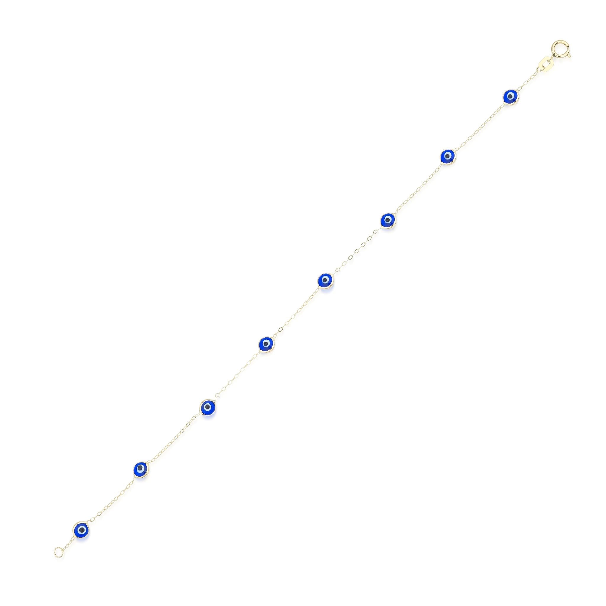 14K solid yellow gold beaded evil eye station bracelet, minimalist design, perfect for everyday wear, 7.5 inches long.