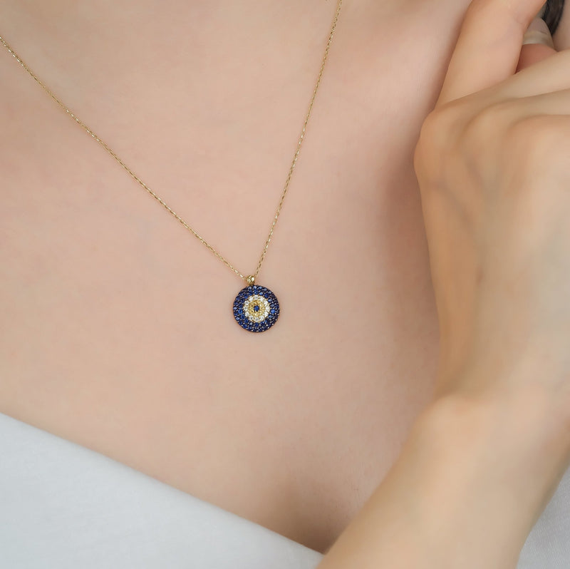 14K Solid Yellow Gold Evil Eye Necklace