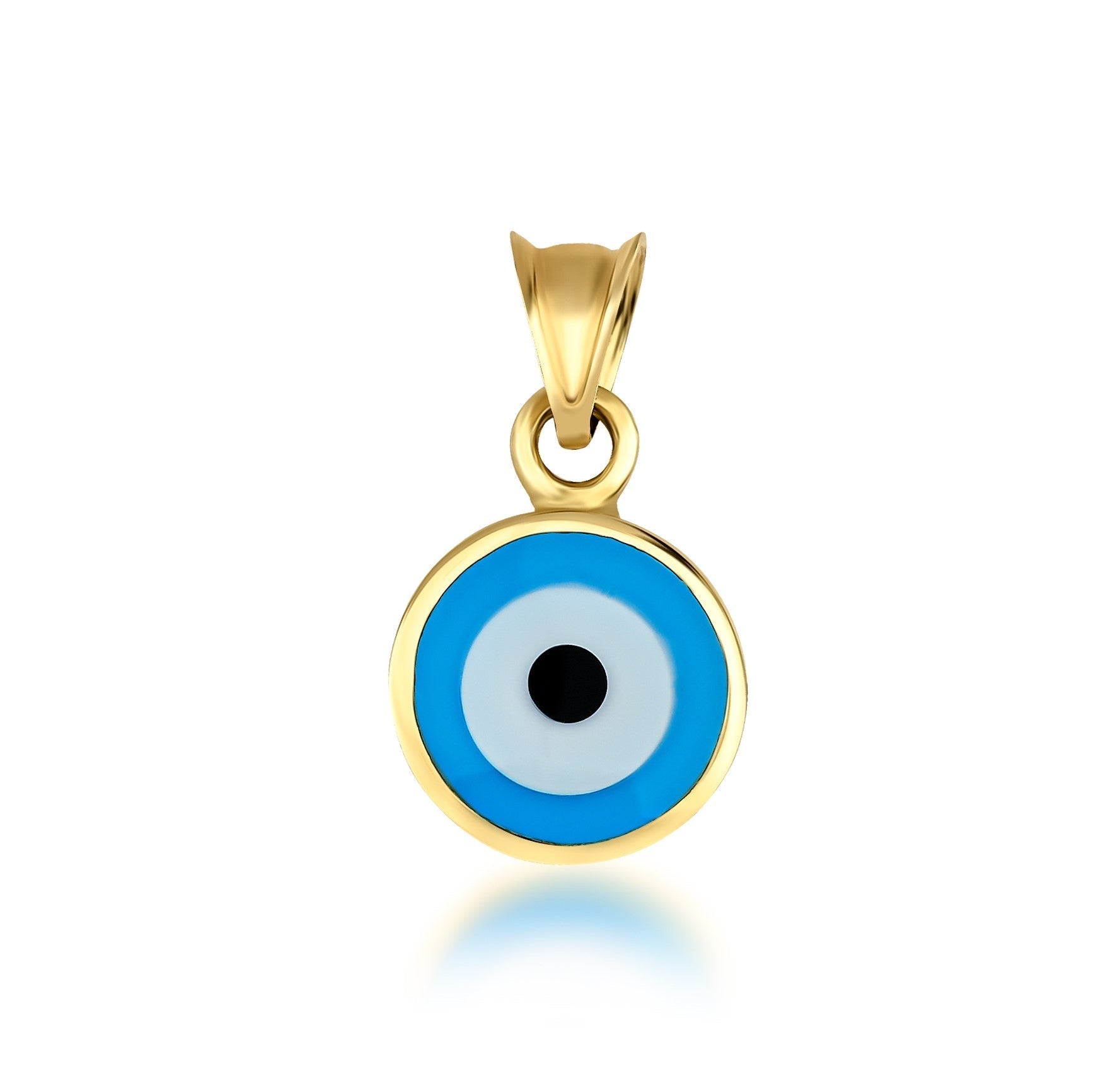 14K solid yellow gold evil eye pendant featuring a round blue and white evil eye design, perfect for everyday wear.