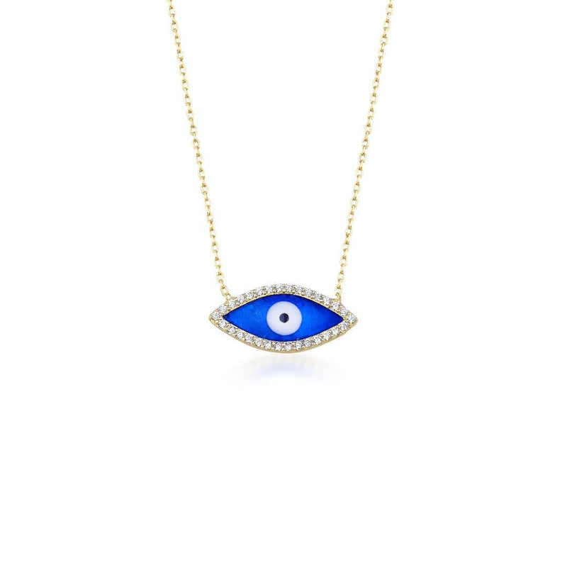 14K Solid Yellow Gold Eye Shape Blue Evil Eye Necklace