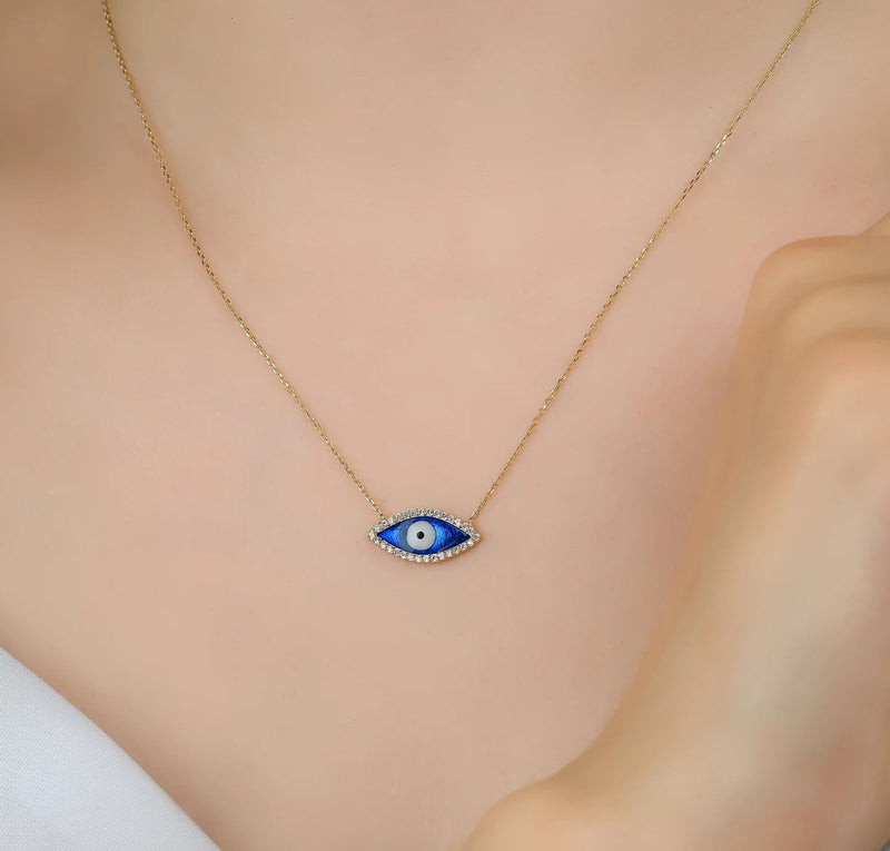 14K Solid Yellow Gold Eye Shape Blue Evil Eye Necklace
