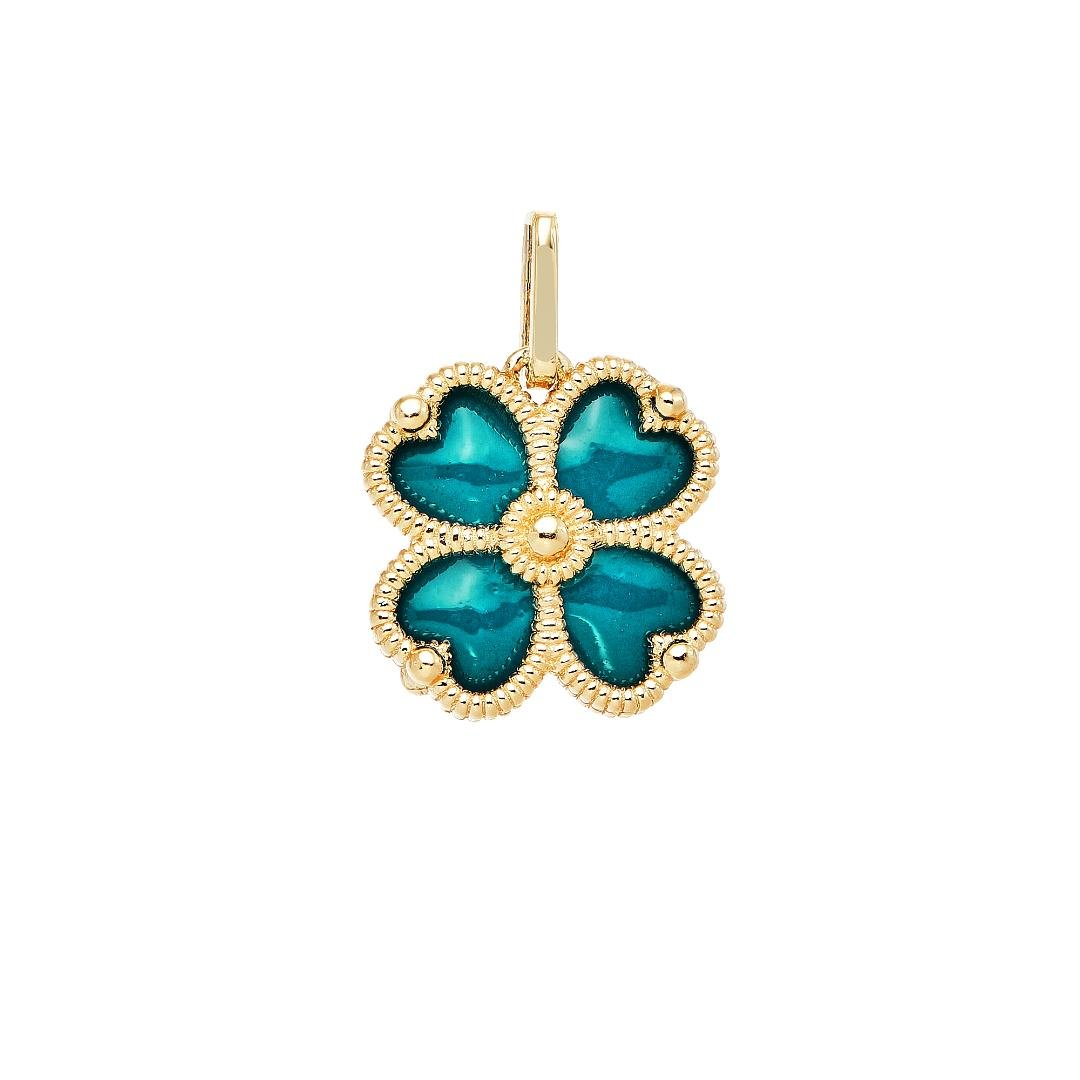 14K solid yellow gold four leaf clover pendant with turquoise enamel, perfect for a delicate necklace.