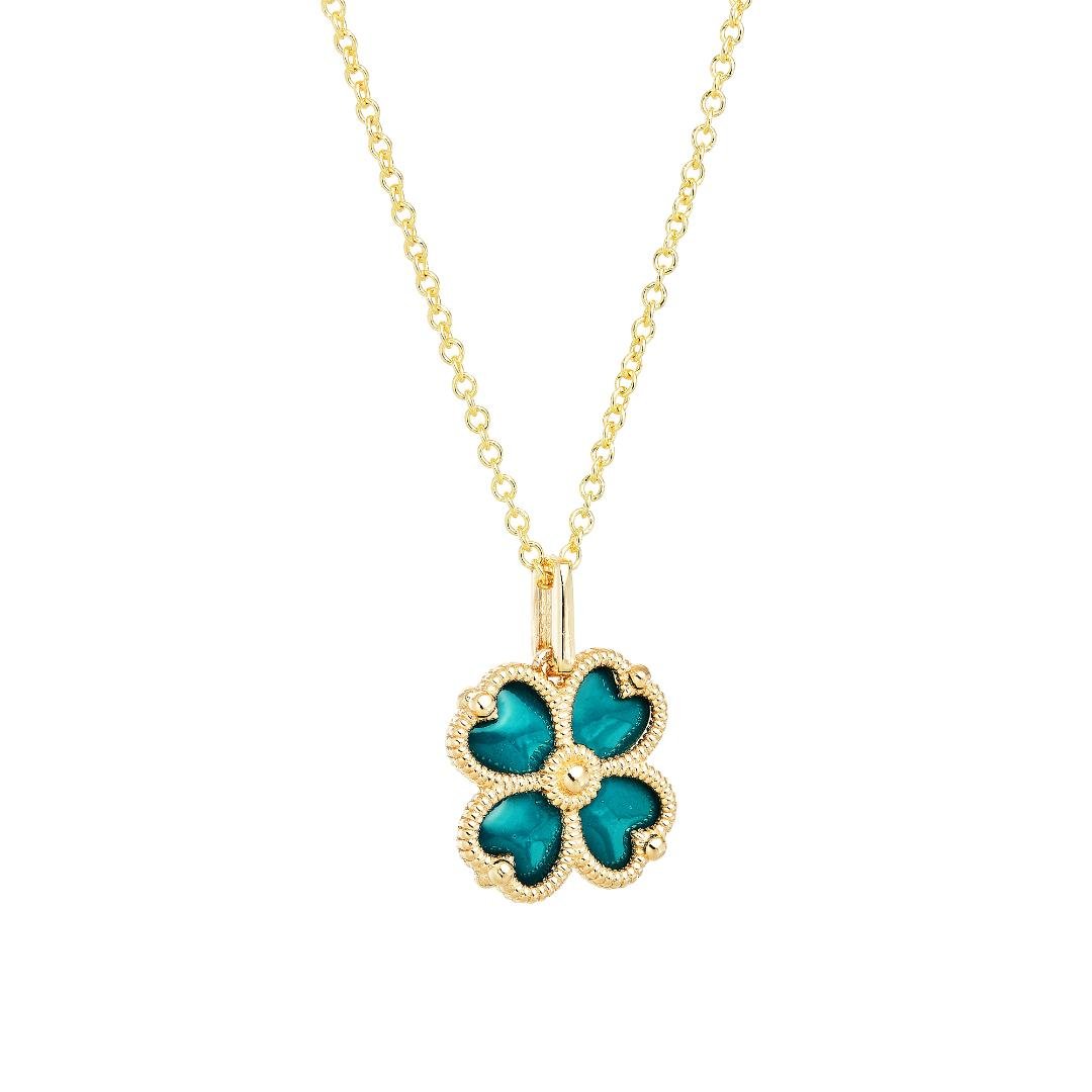 14K solid yellow gold four leaf clover necklace with teal enamel accents, perfect for everyday wear, comes in a gift box.