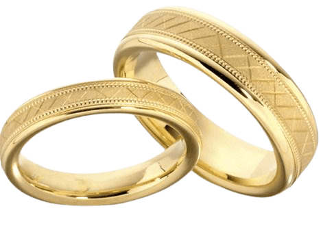 10K 14K 18K yellow gold his and hers matching wedding bands with stone finish and milgrain detail.
