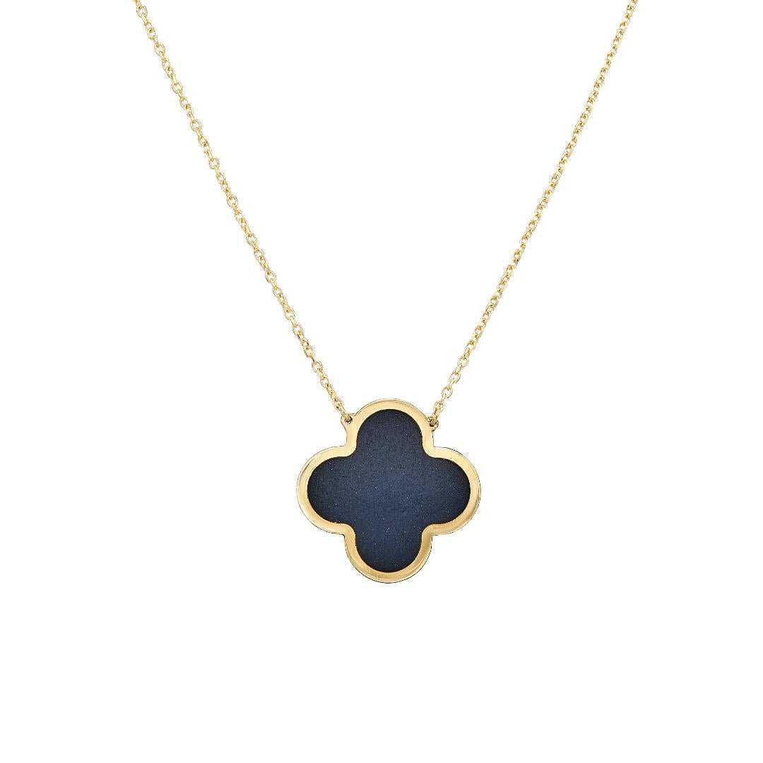 14K solid yellow gold necklace featuring a large clover-shaped onyx pendant, perfect for everyday wear.