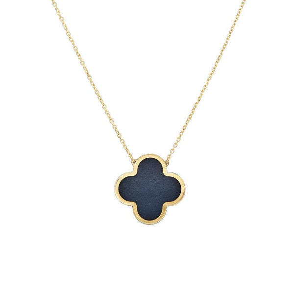 14K Solid Yellow Gold Large Single Onyx Clover Necklace
