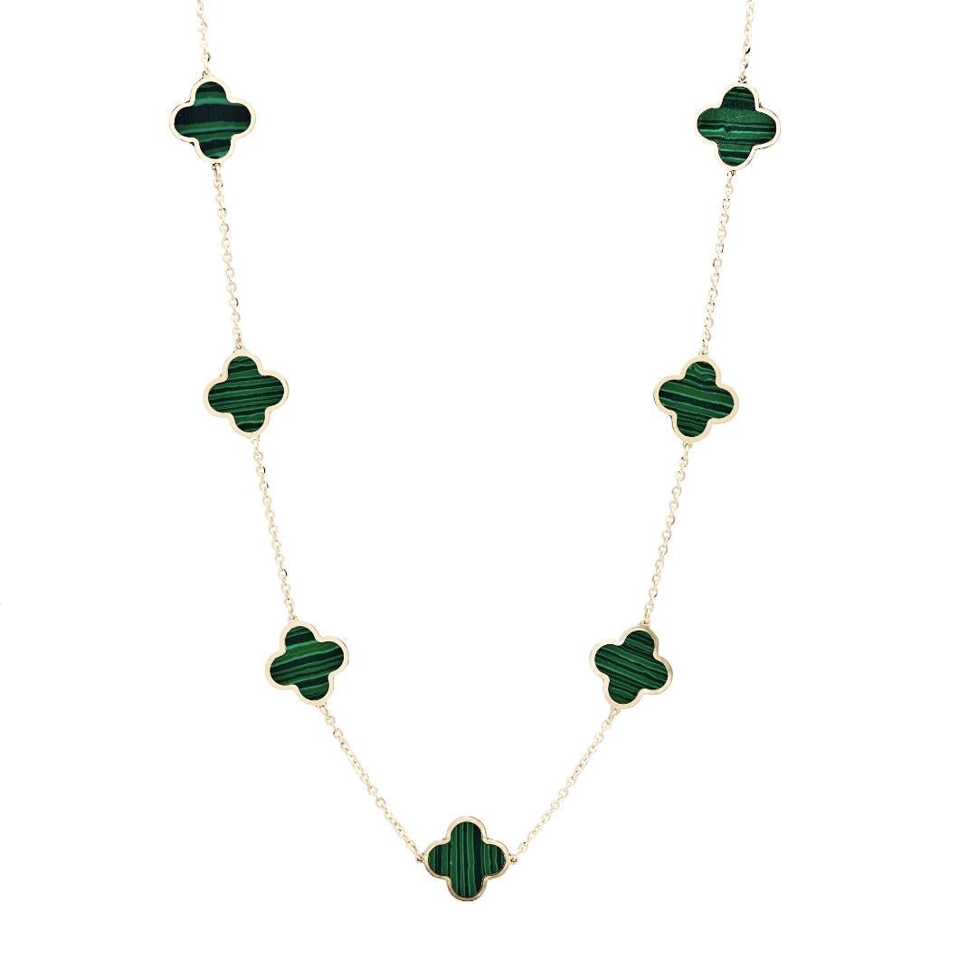 14K solid yellow gold malachite clover necklace, 16-18 inches, elegant everyday jewelry.