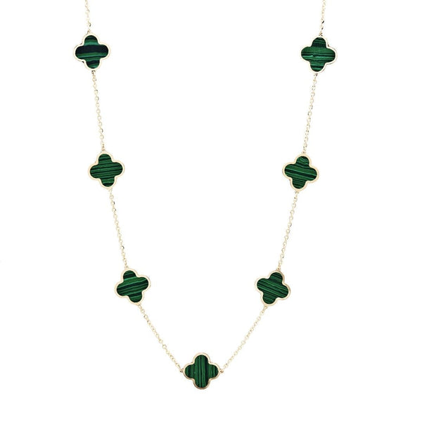 14K Solid Yellow Gold Malachite Clover Necklace