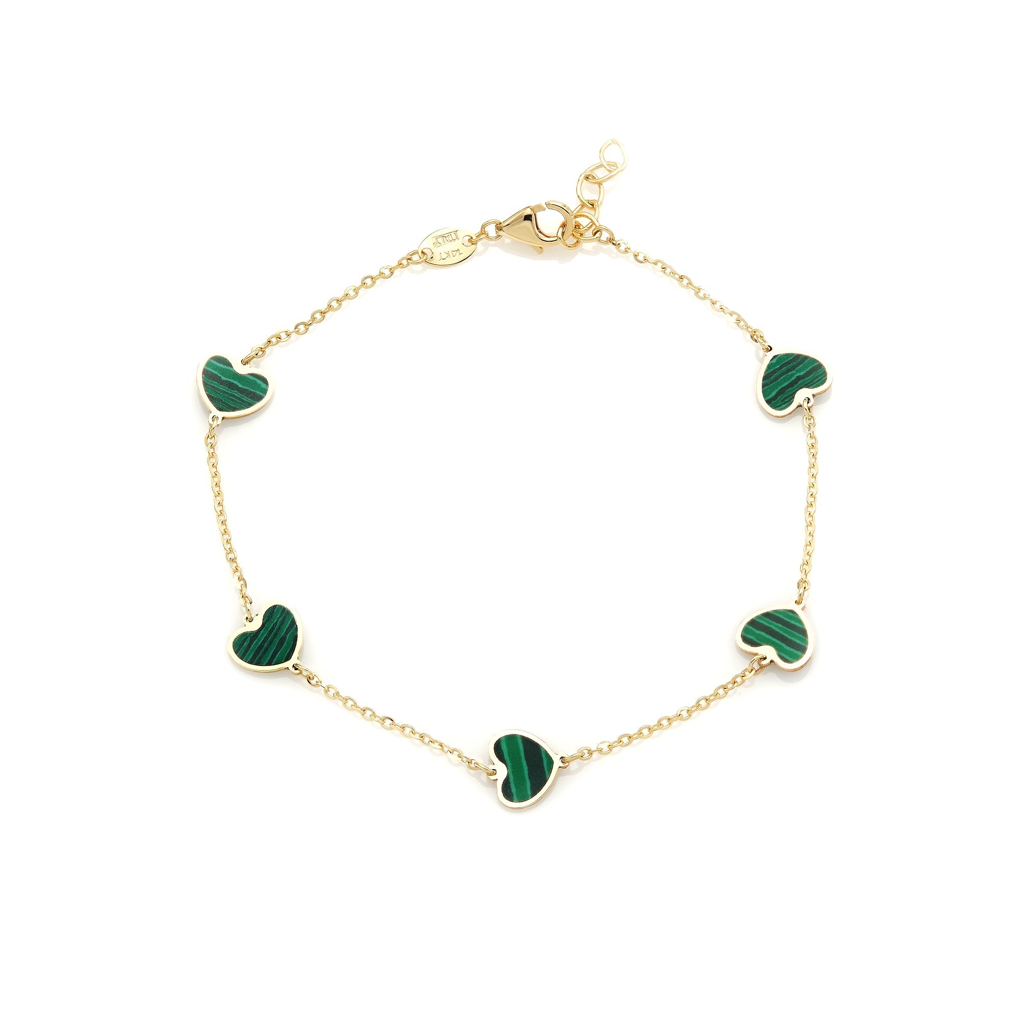 14K solid yellow gold malachite heart bracelet with five heart stations, elegant design, adjustable length, gift-ready.