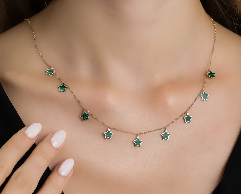 14K Solid Yellow Gold Malachite Star Necklace