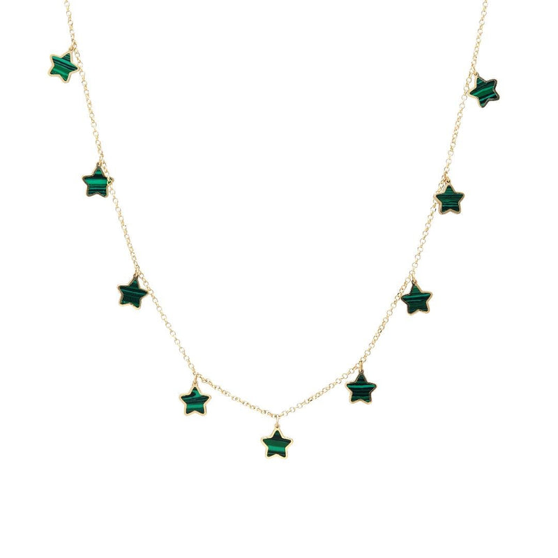 14K Solid Yellow Gold Malachite Star Station Necklace