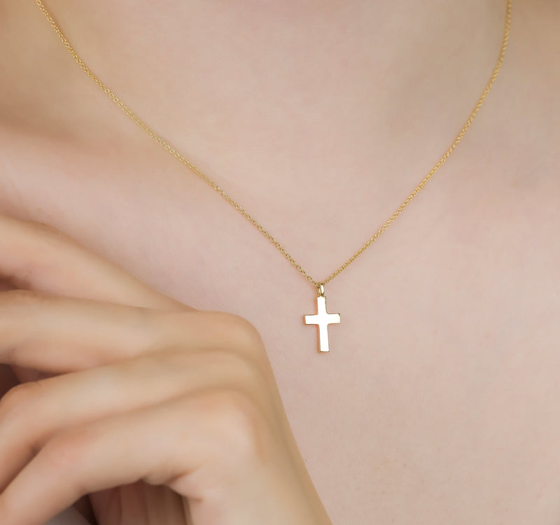 14K Solid Yellow Gold Minimalist Cross Necklace
