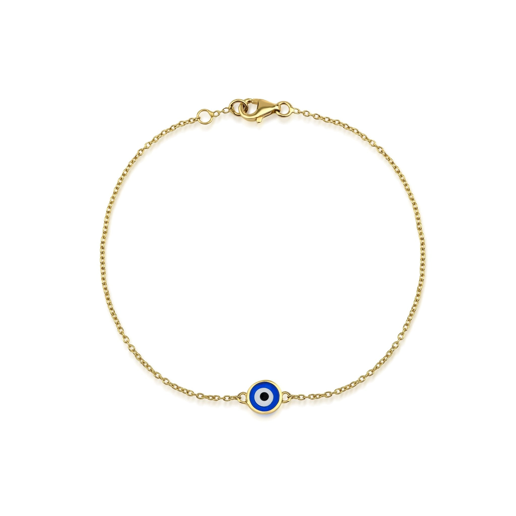 14K solid yellow gold minimalist evil eye bracelet with blue and white enamel detailing, perfect for daily wear.