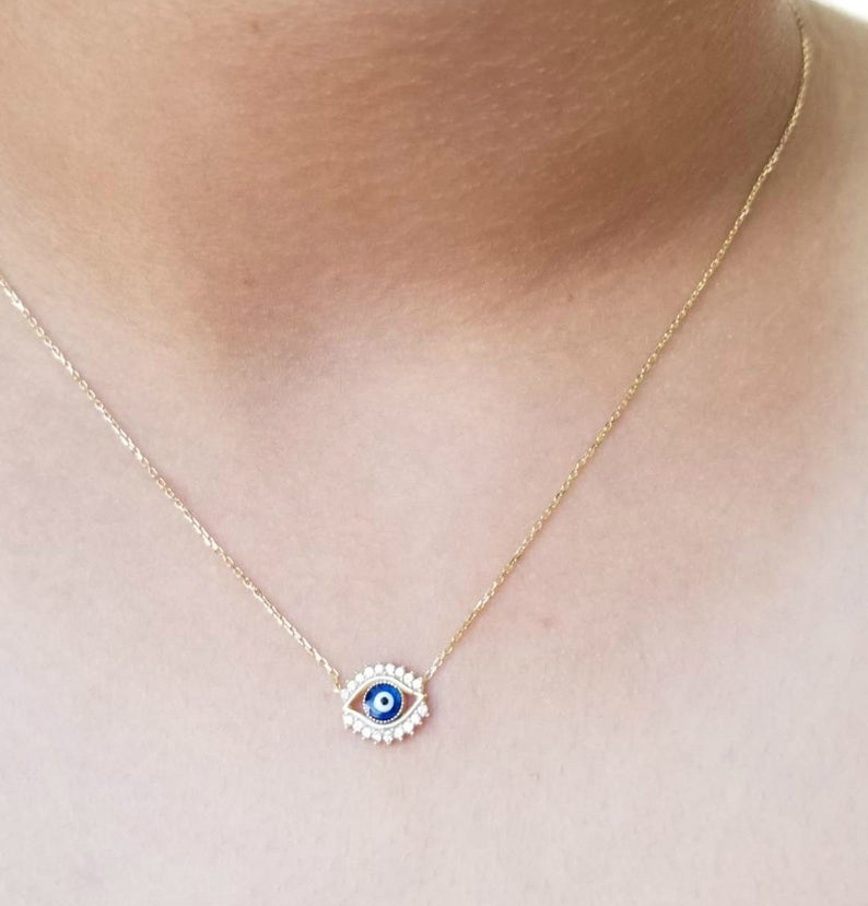 14K Solid Yellow Gold Minimalist Evil Eye Necklace