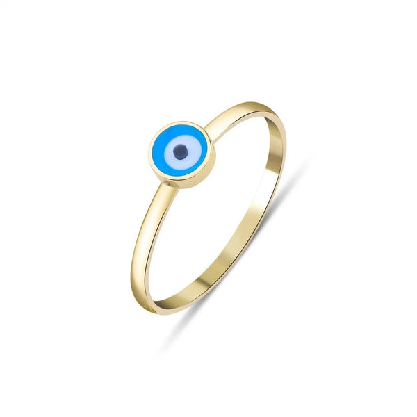 14K Solid Yellow Gold Minimalist Evil Eye Ring