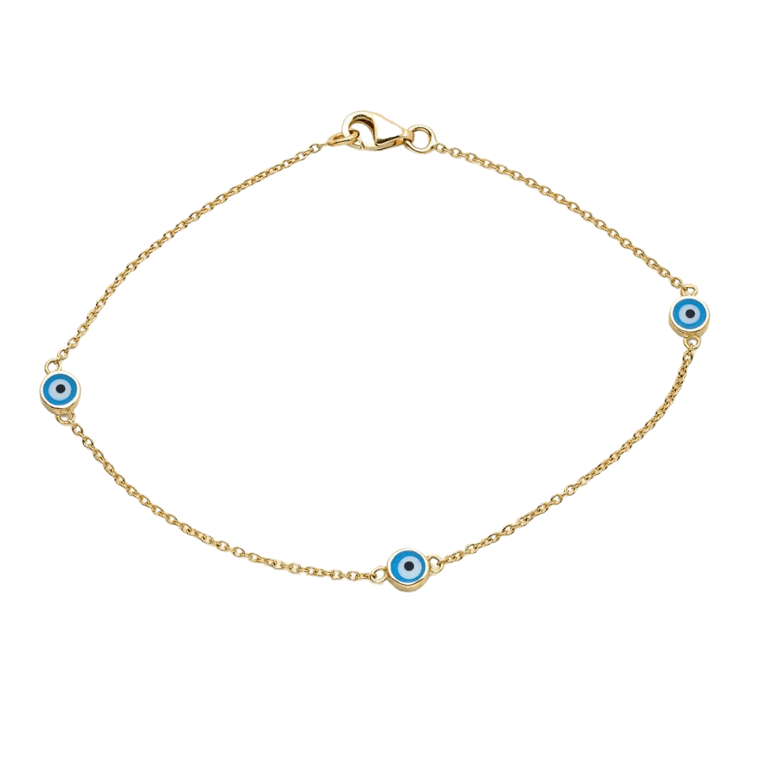 14K solid yellow gold minimalist evil eye bracelet with blue eye stations, perfect for everyday wear.