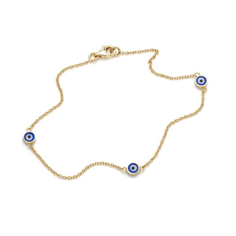 14K solid yellow gold minimalist bracelet with blue evil eye charms, perfect for everyday use and elegant style.