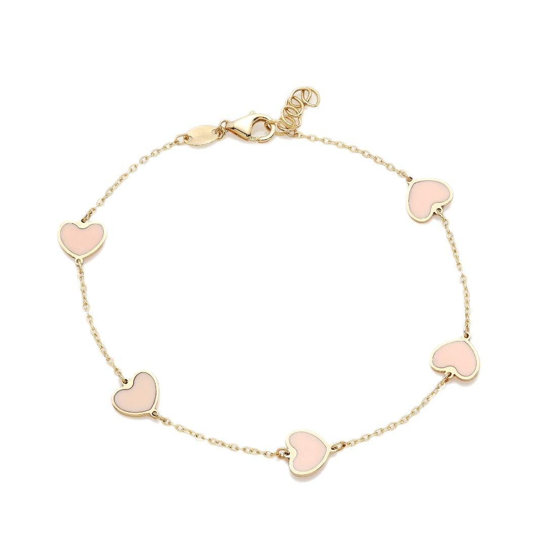 14K yellow gold minimalist bracelet with pink heart stations, 6.5 to 7 inches long, perfect gift for any occasion.