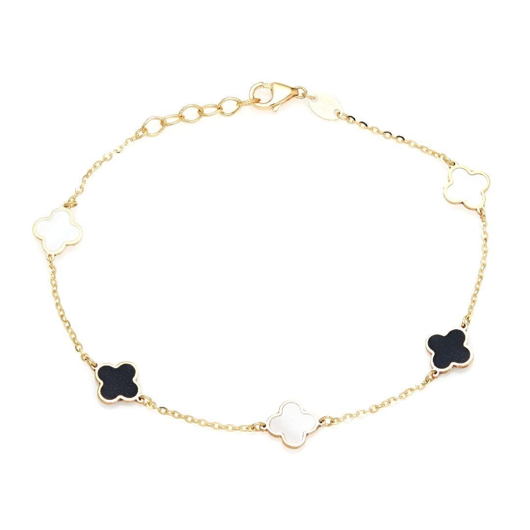 14K solid yellow gold bracelet featuring four-leaf clover design with mother of pearl and onyx accents.