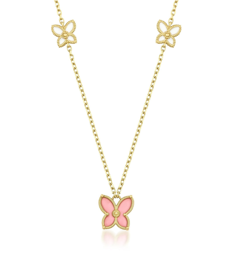 14K Solid Yellow Gold Mother of Pearl Butterfly Necklace