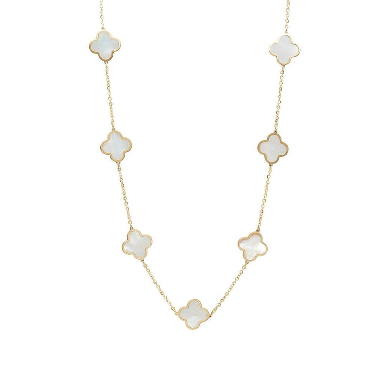 14K Solid Yellow Gold Mother of Pearl Clover Necklace