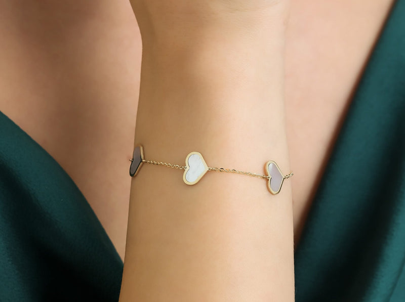 14K Solid Yellow Gold Mother of Pearl Heart Bracelet