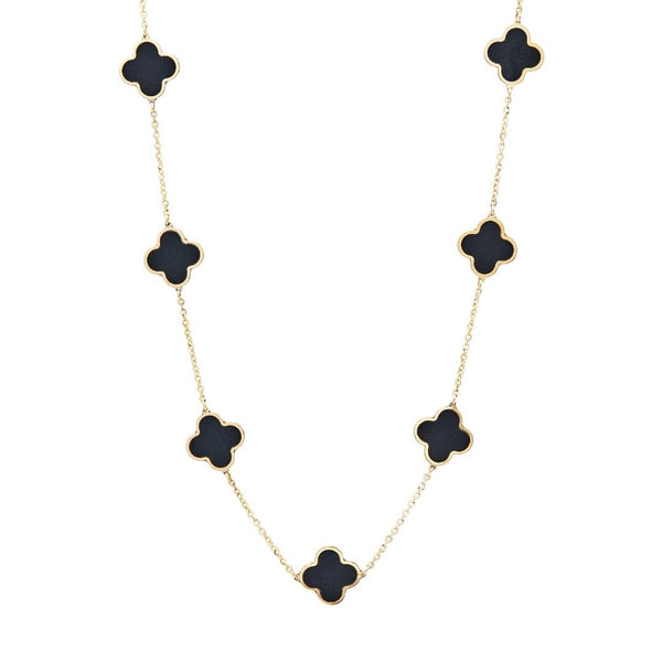 14K Solid Yellow Gold Onyx Clover Necklace