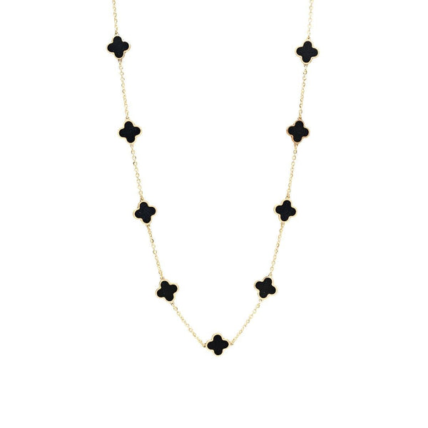 14K Solid Yellow Gold Onyx Four Leaf Clover Necklace