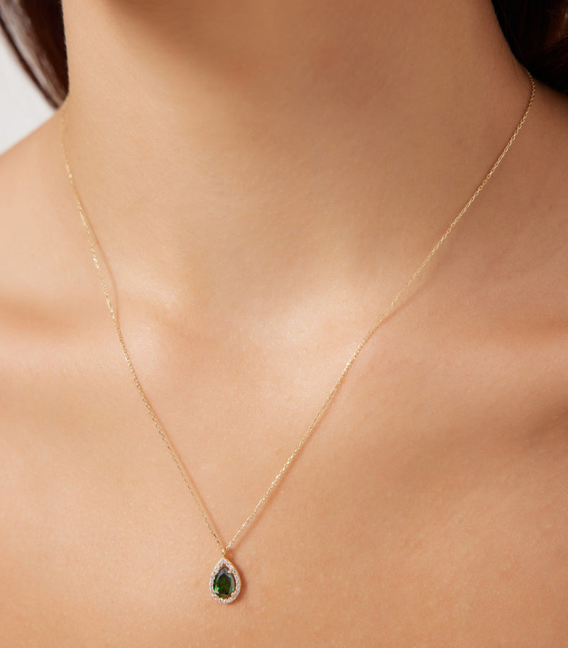 14K Solid Yellow Gold Pear Shape Emerald Necklace
